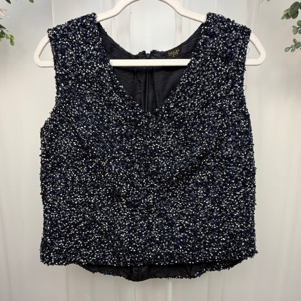 Pauw Amsterdam Sequin Silk Top Navy Blue Silver Handmade Embroidery Size 3